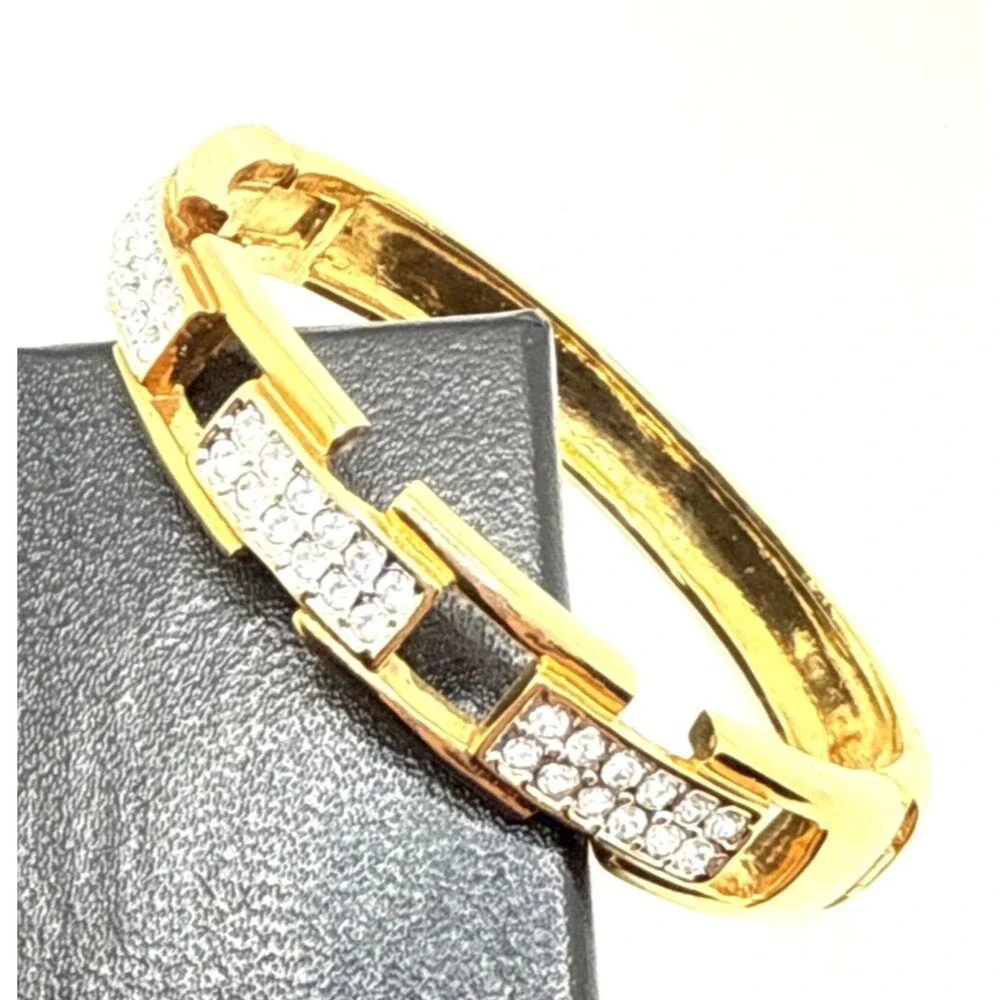 Rhinestone Link Bangle Bracelet Gold Tone Statement Hinged Runway Jewelry 7